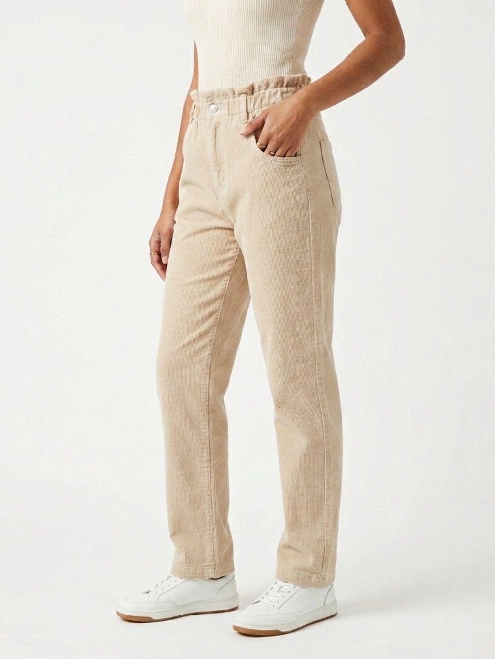 12th Tribe Paperbag Straight Leg Pants High Rise Corduroy Tan XS